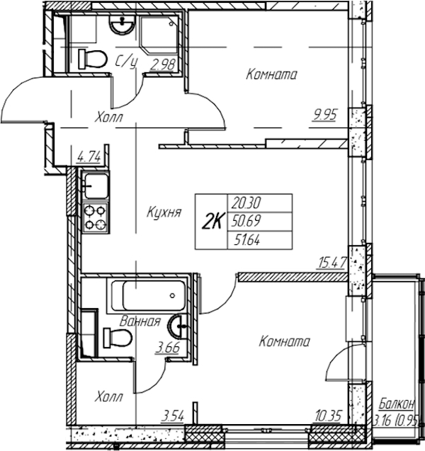 1-комнатная квартира 51.64 м², 2/22 эт., ЖК «Парк-квартал Юнтолово»